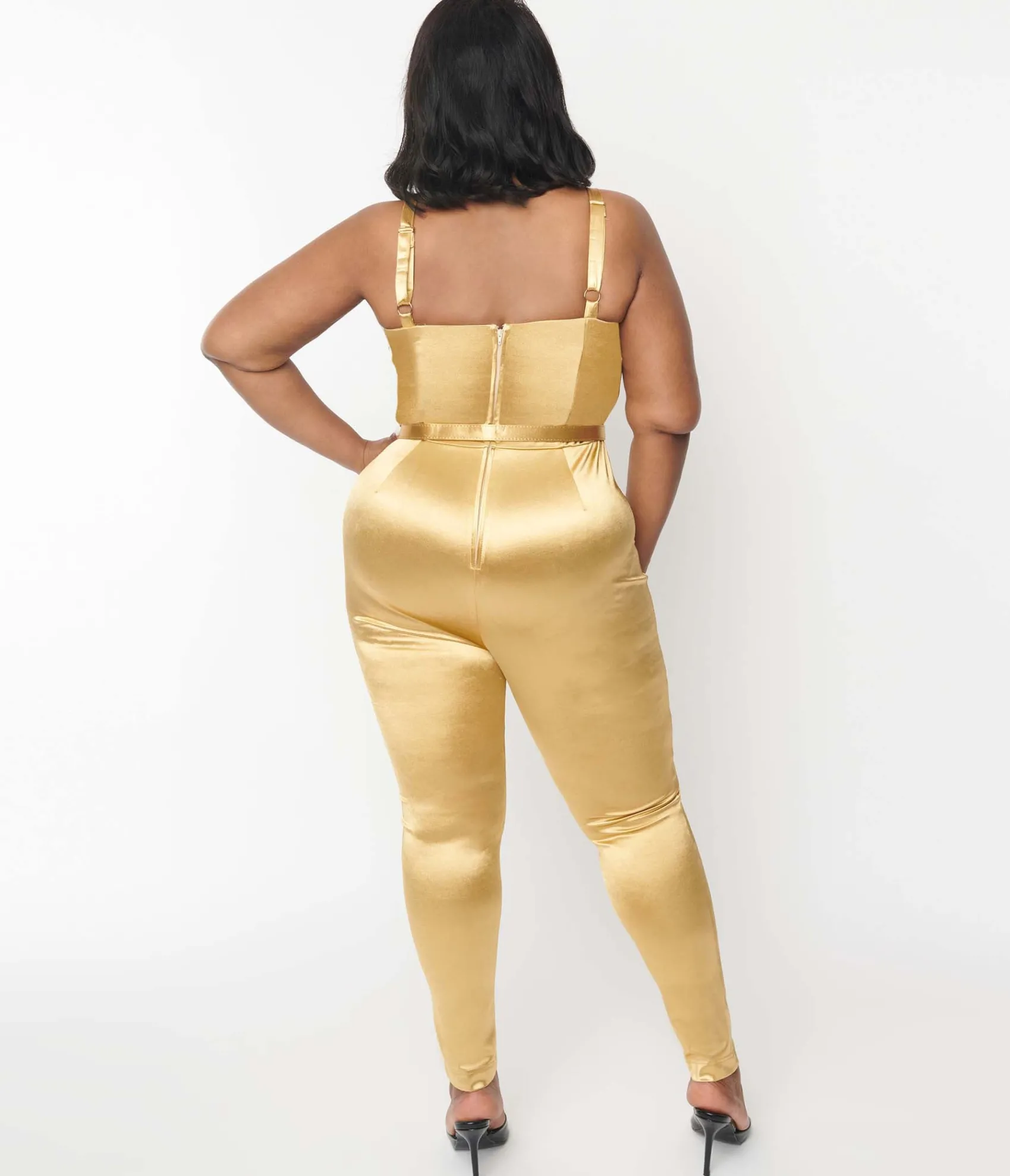Unique Vintage Plus Size 1970s Gold Spandex Belted Jumpsuit