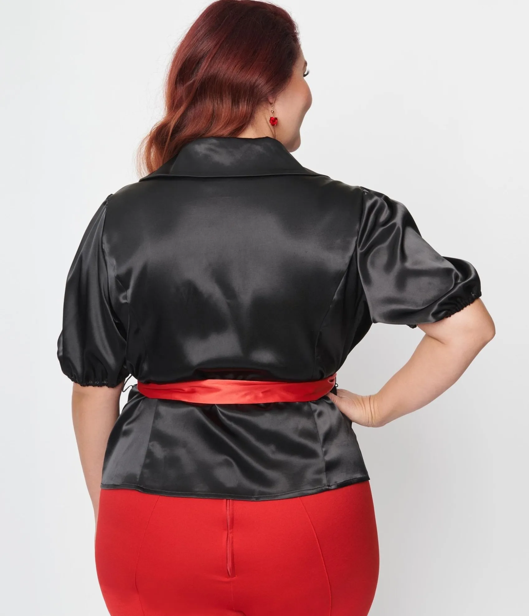 Unique Vintage Plus Size Black & Red Lock & Key Sashed Blouse