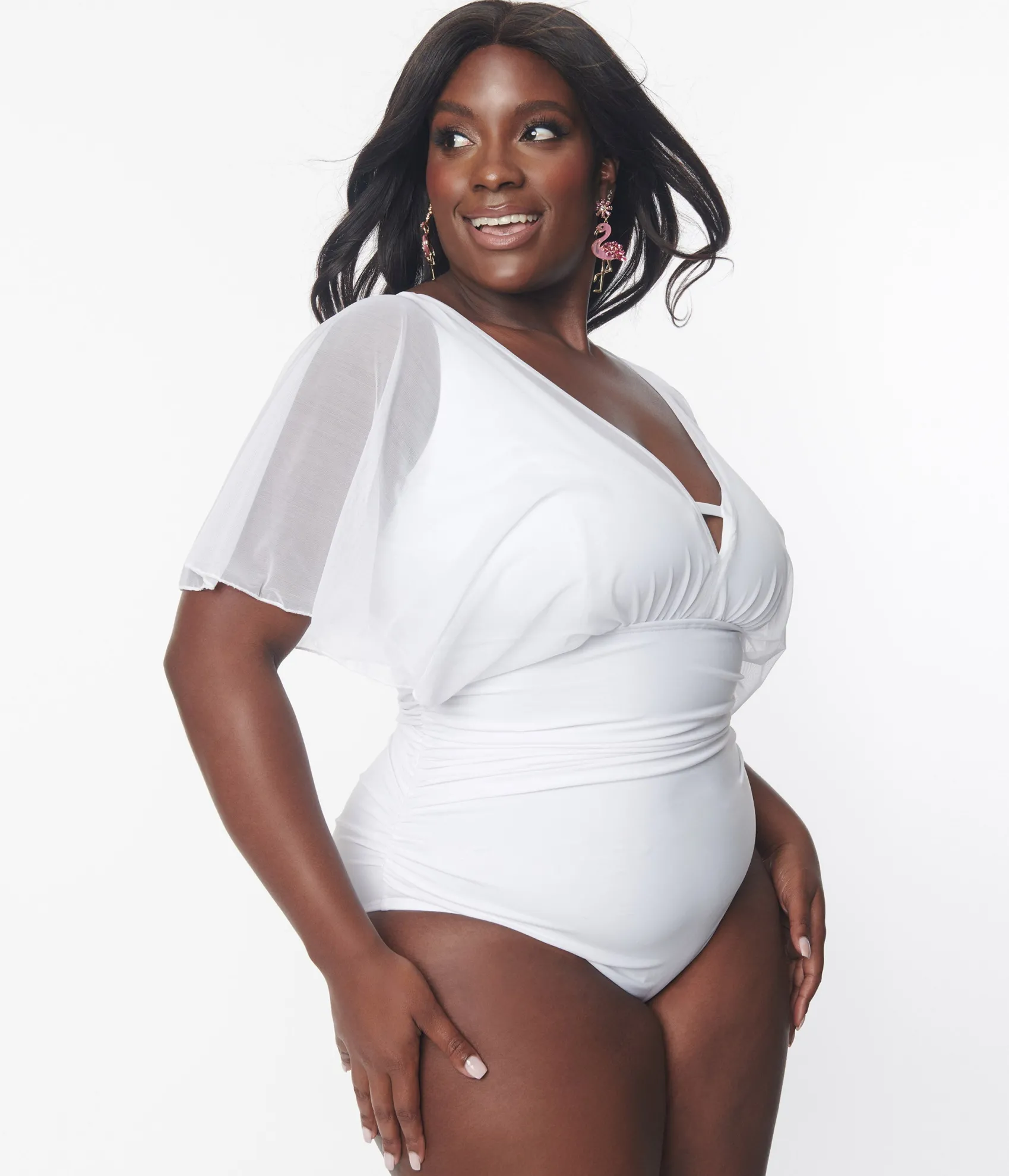 Unique Vintage Plus Size White Mesh Sleeved Torrey Swimsuit