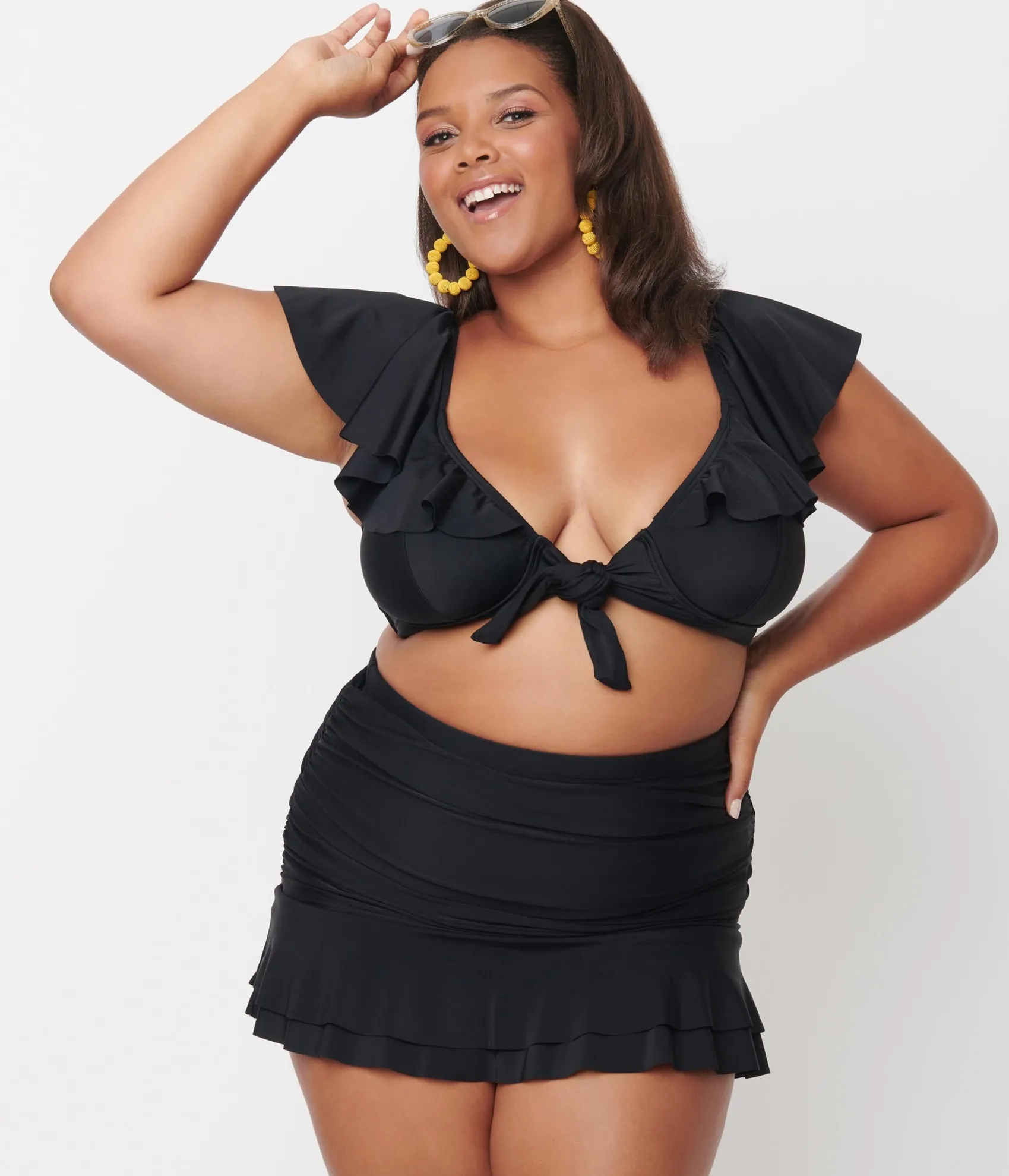 Unique Vintage Plus Size Black Ruffled Cap Sleeve Frida Swim Top