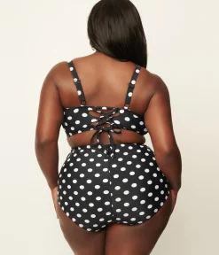Unique Vintage Plus Size Black & White Polka Dot High Waist Louise Swim Bottoms