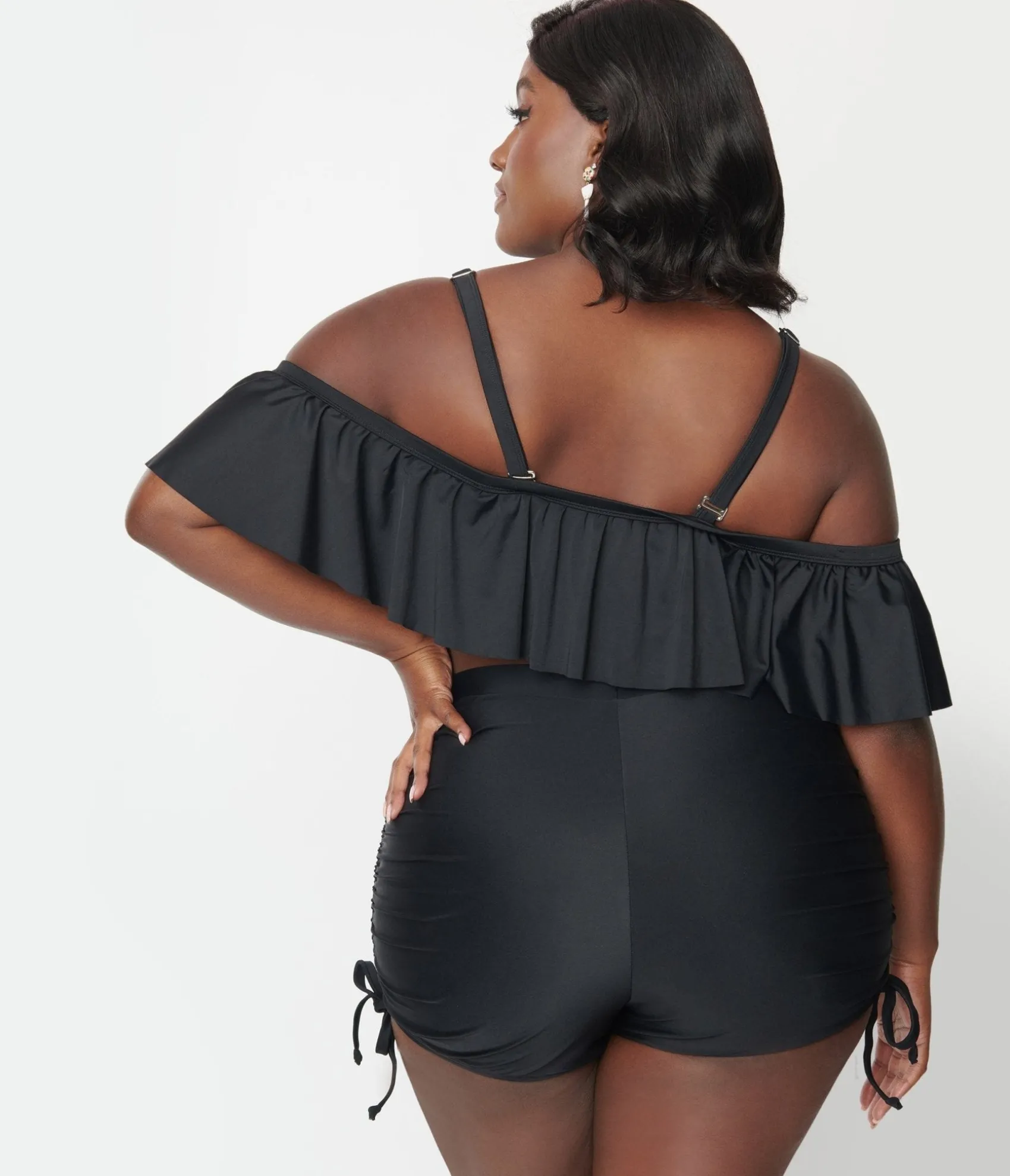 Unique Vintage Plus Size Black Pull Tie Swim Shorts