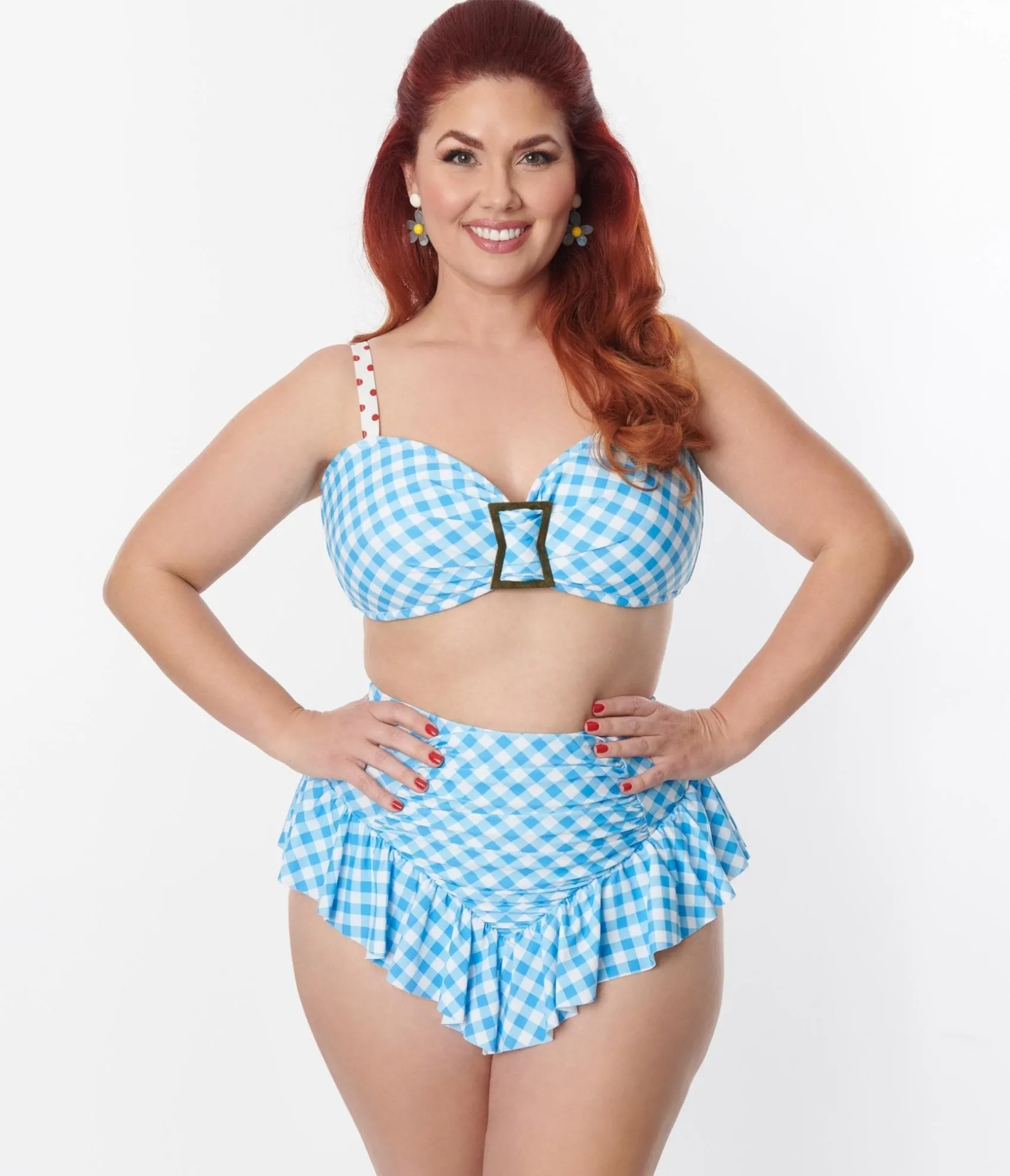 Unique Vintage Plus Size Blue Gingham Buckle Swim Top