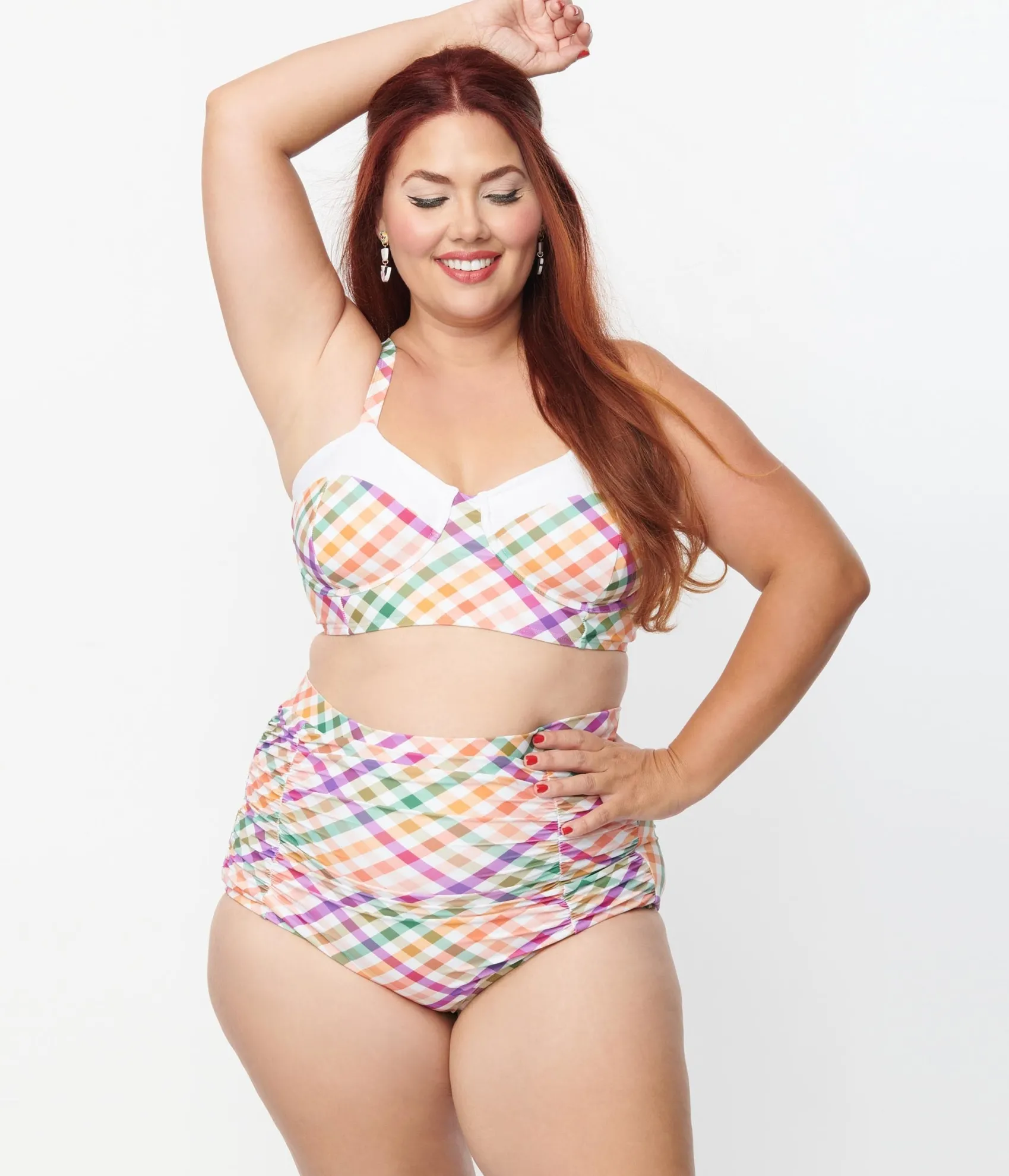 Unique Vintage Plus Size Pastel Madras Gingham Marlene Crop Swim Top