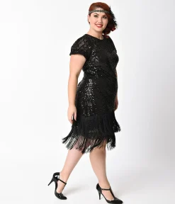 Unique Vintage Plus Size 1920s Black Sequin Fringe Del Mar Flapper Dress