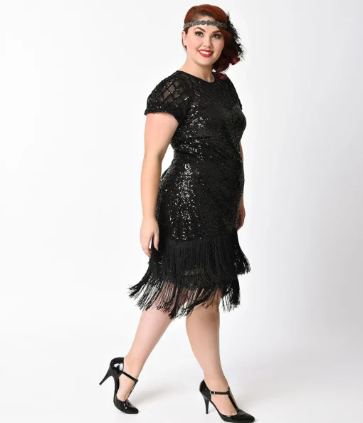 Unique Vintage Plus Size 1920s Black Sequin Fringe Del Mar Flapper Dress