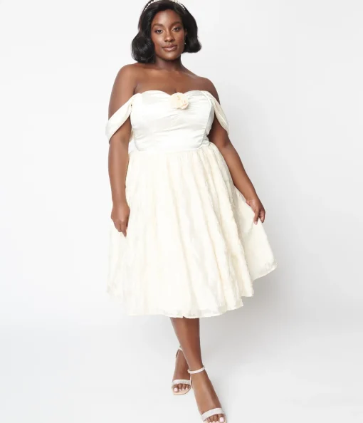 Unique Vintage Plus Size 1950s Ivory Floral Off Shoulder Flare Dress