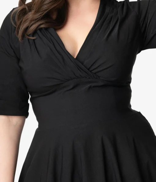Unique Vintage Plus Size Black Delores Swing Dress with Sleeves