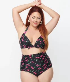 Unique Vintage Plus Size 1950s Black & Hot Pink Cherry Pin Dot Monroe Swim Bottom