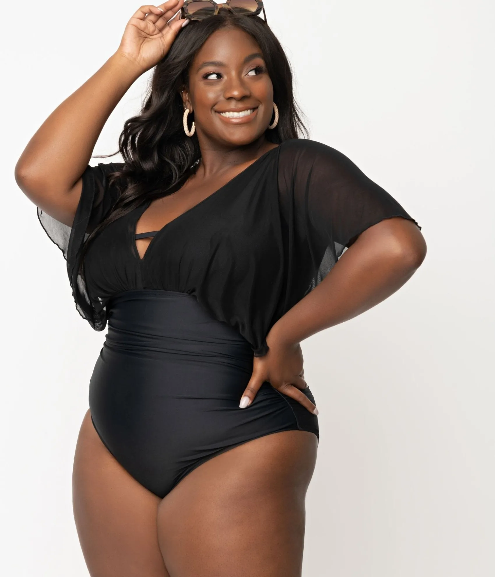 Unique Vintage Plus Size Black Mesh Sleeved Torrey Swimsuit