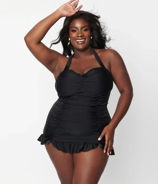 Unique Vintage Plus Size Black Halter Swim Dress