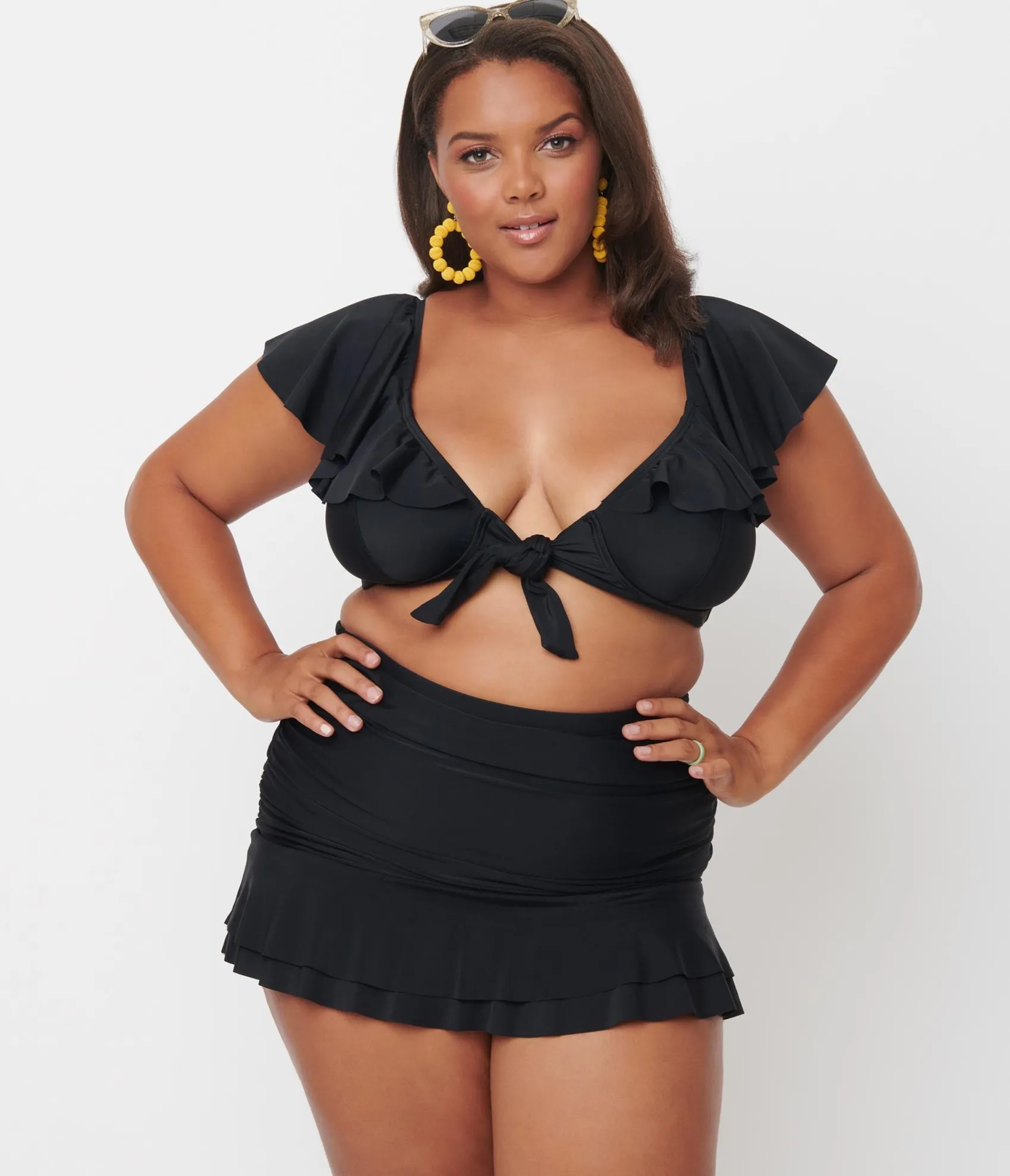 Unique Vintage Plus Size Black Ruffled Cap Sleeve Frida Swim Top