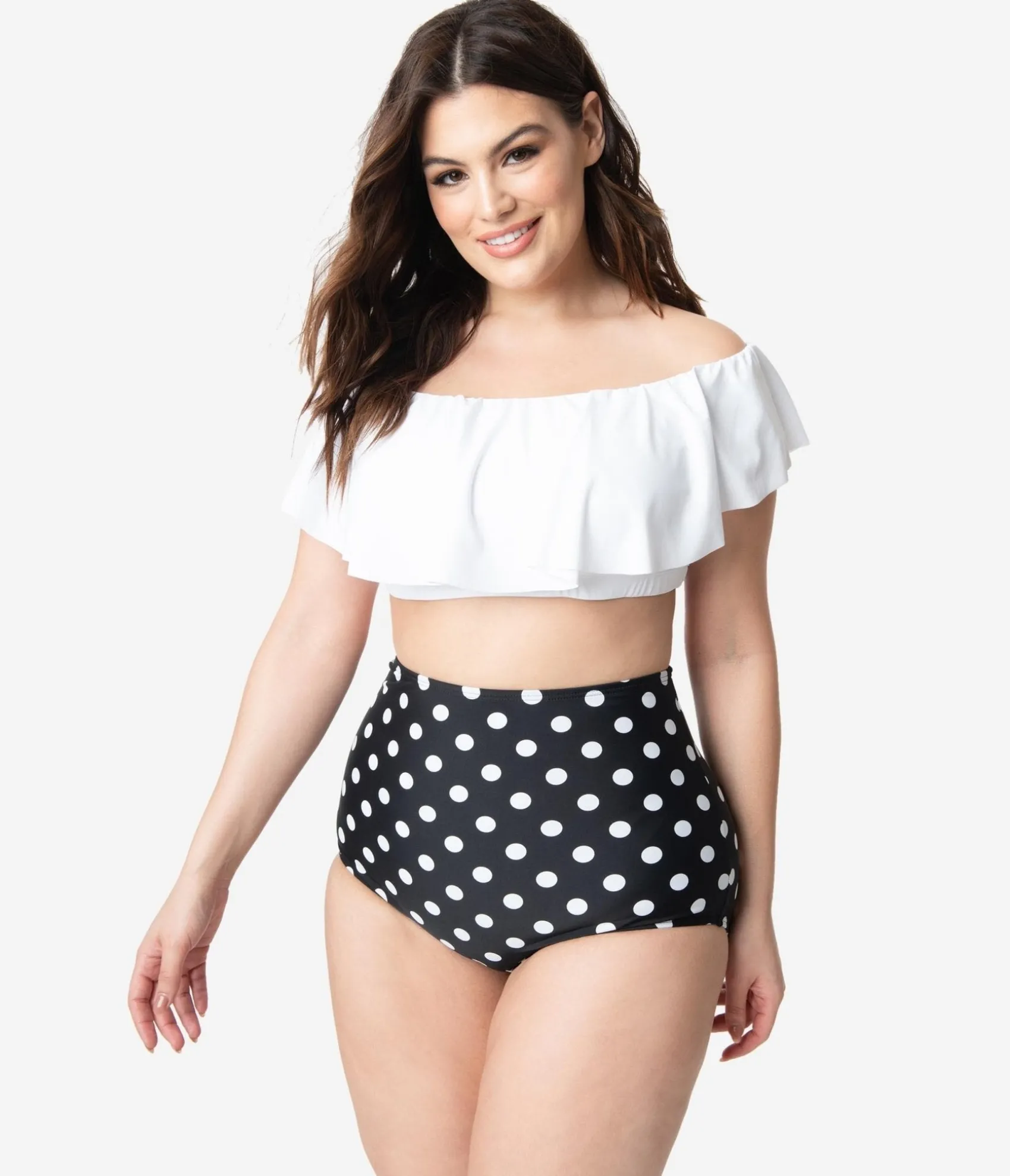 Unique Vintage Plus Size White Ruffled Ramona Swim Top
