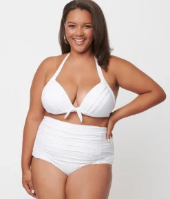 Unique Vintage Plus Size Solid White Monroe High Waist Swim Bottom