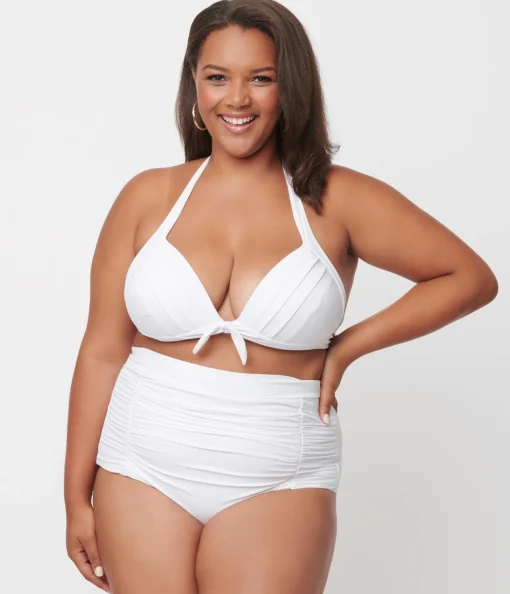 Unique Vintage Plus Size Solid White Monroe High Waist Swim Bottom