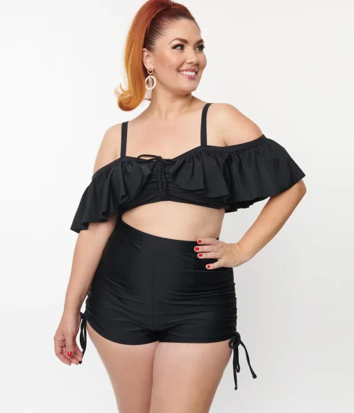 Unique Vintage Plus Size Black Ruffled Swim Top