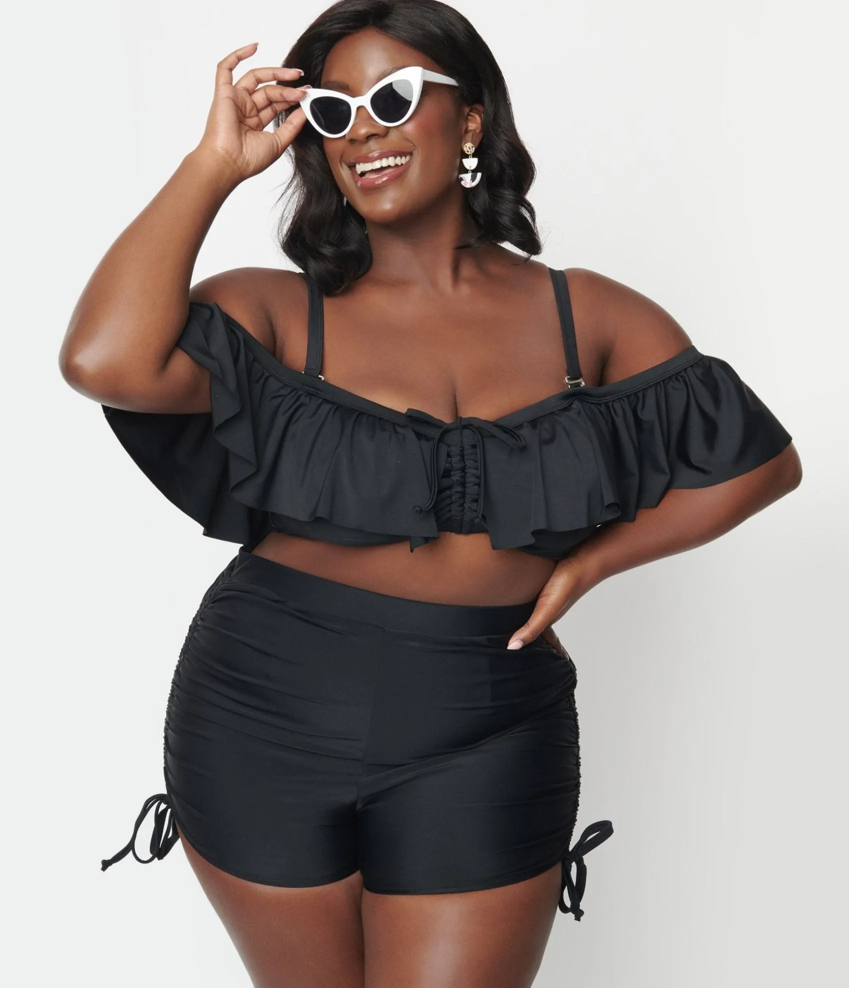 Unique Vintage Plus Size Black Pull Tie Swim Shorts