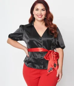 Unique Vintage Plus Size Black & Red Lock & Key Sashed Blouse