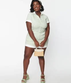 Unique Vintage Plus Size Sage & White Gingham Patsy Romper