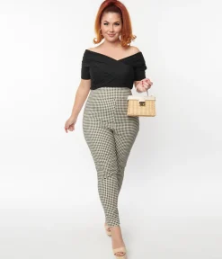 Unique Vintage Plus Size Ivory & Black Gingham Rizzo Cigarette Pants