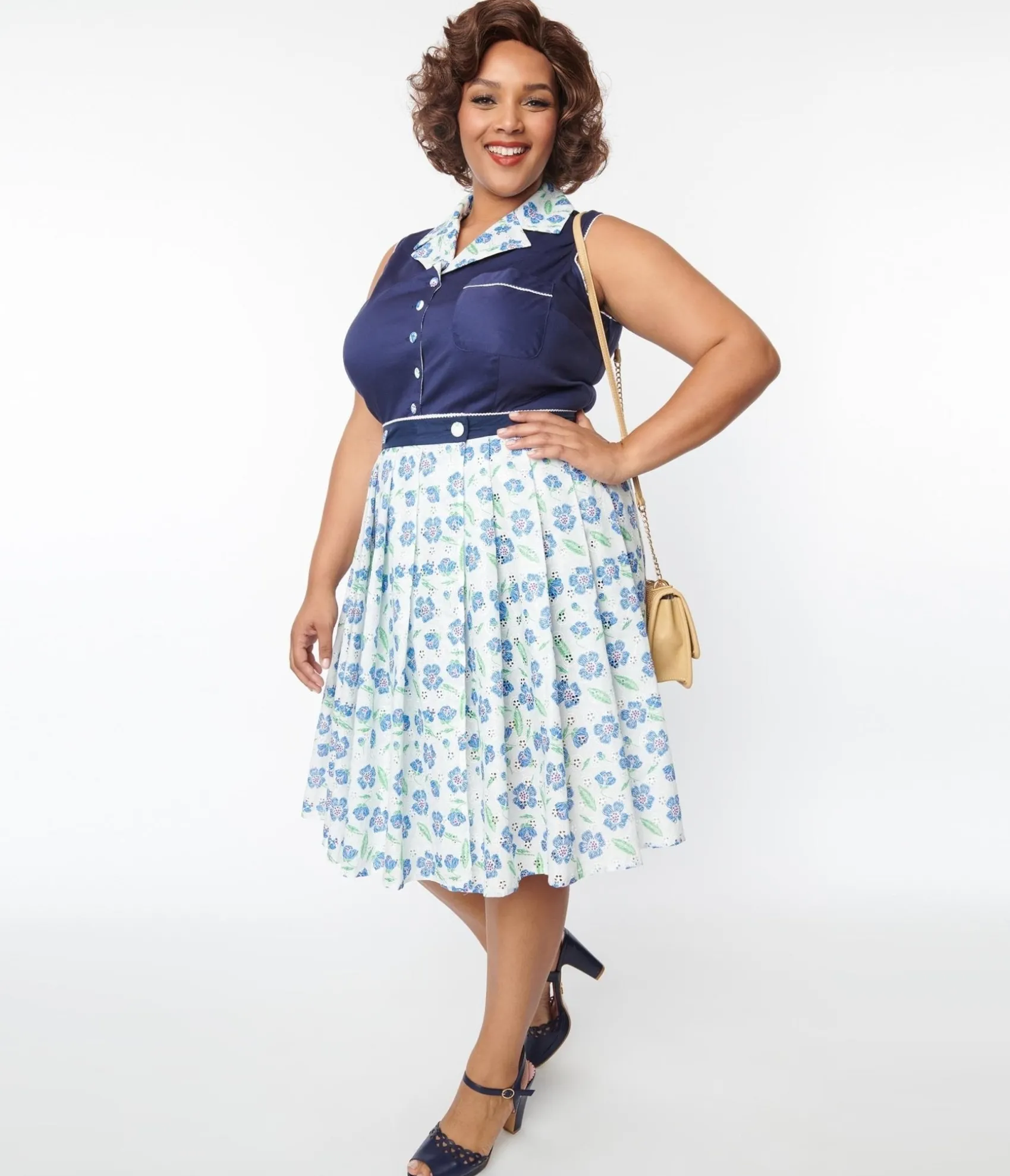 Unique Vintage Plus Size White & Blue Floral Eyelet Collins Wrap Swing Skirt