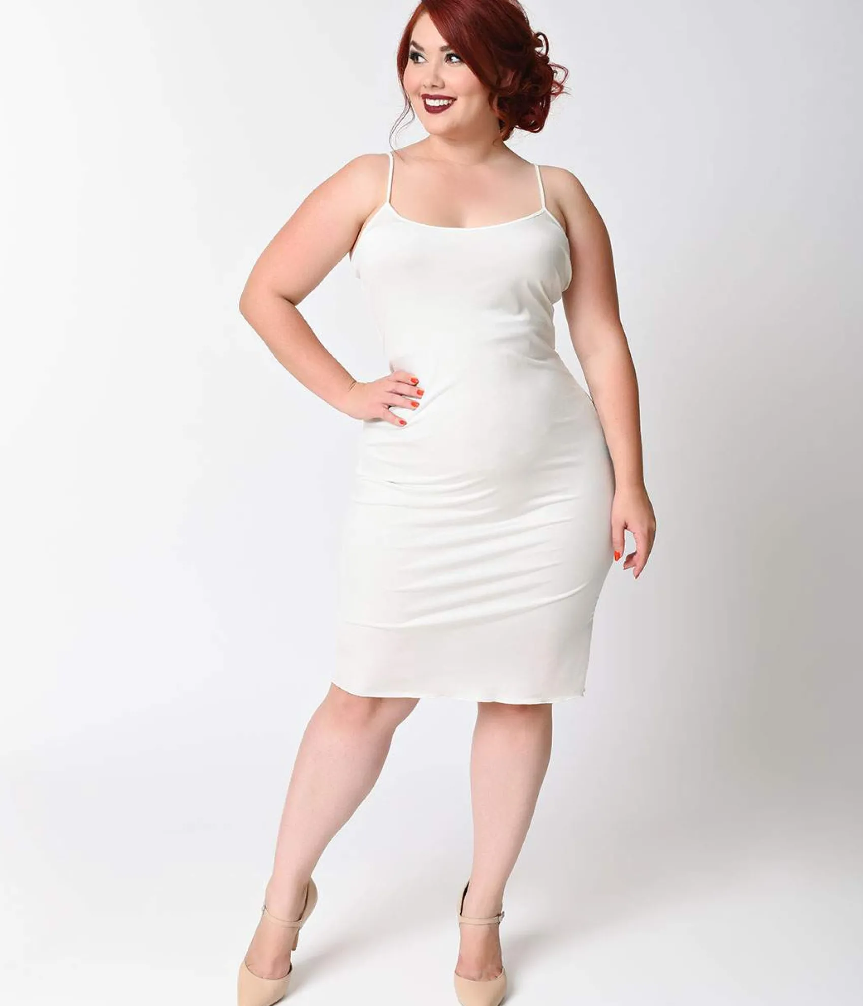 Unique Vintage Plus Size Short White Stretch Slip