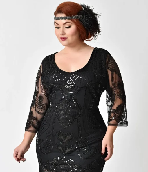 Unique Vintage Plus Size 1920s Black Beaded & Sequin Margaux Sleeved Fringe Flapper Dress