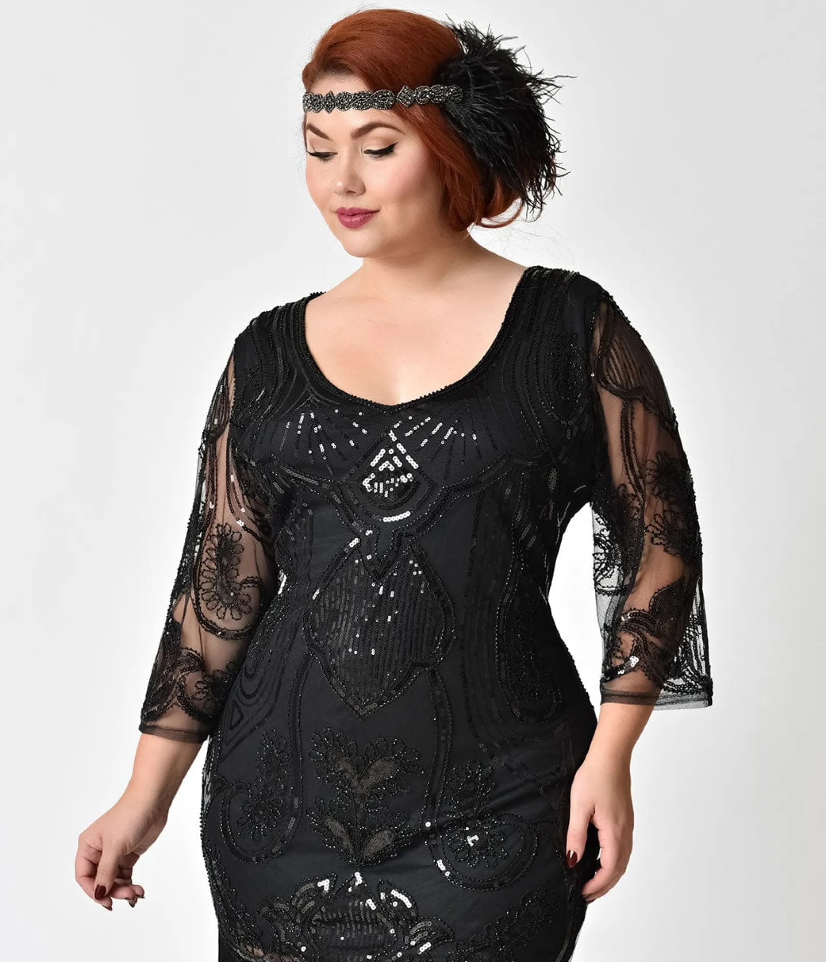 Unique Vintage Plus Size 1920s Black Beaded & Sequin Margaux Sleeved Fringe Flapper Dress
