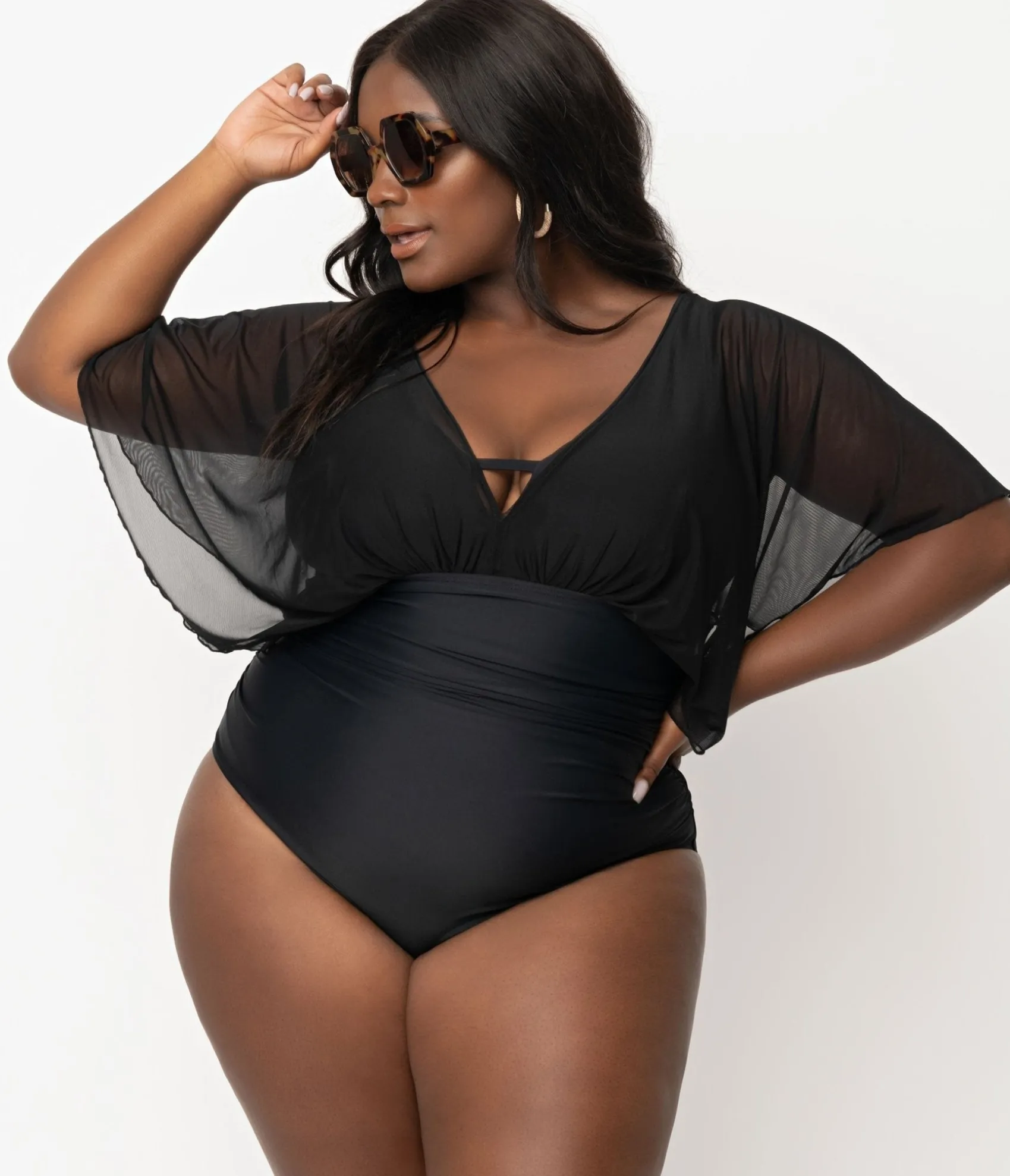 Unique Vintage Plus Size Black Mesh Sleeved Torrey Swimsuit