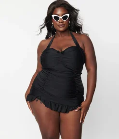 Unique Vintage Plus Size Black Halter Swim Dress