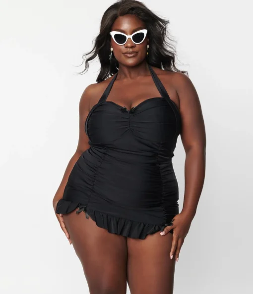 Unique Vintage Plus Size Black Halter Swim Dress