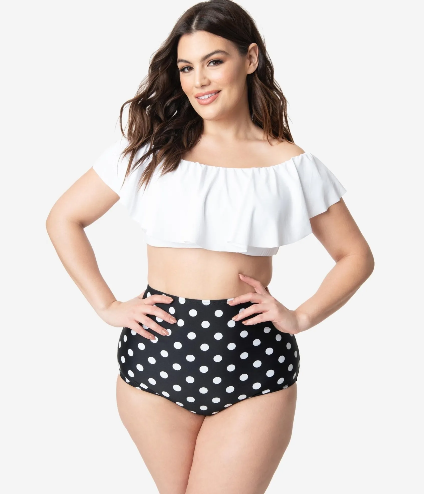 Unique Vintage Plus Size White Ruffled Ramona Swim Top