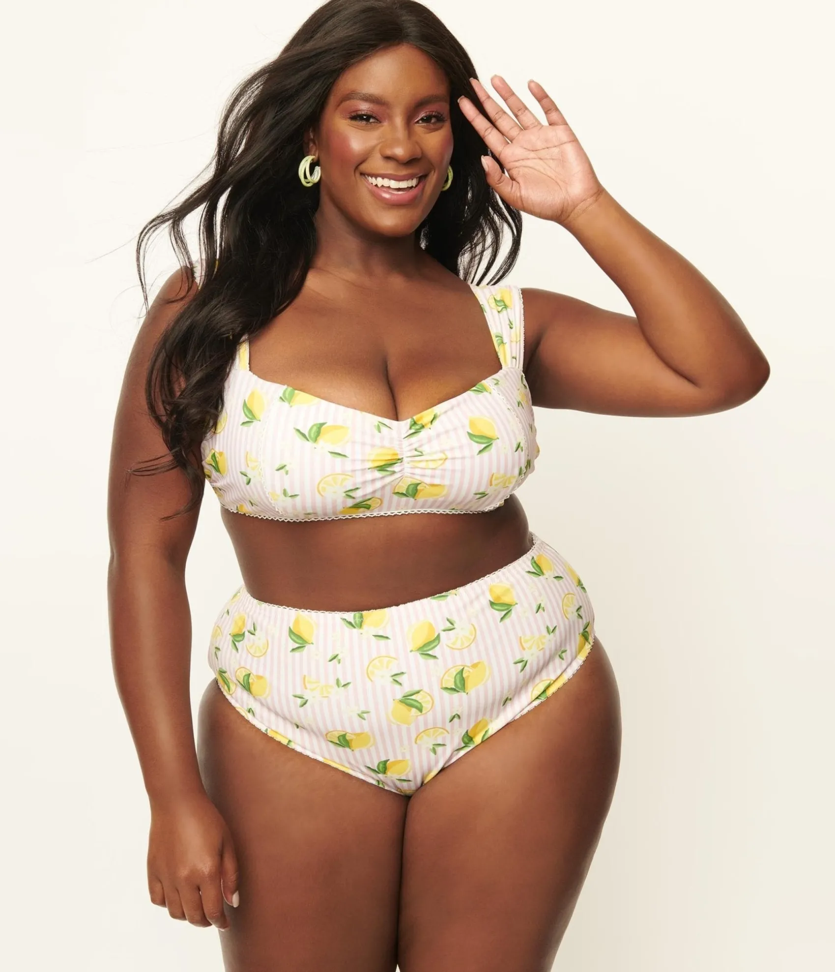Unique Vintage Plus Size Light Pink Stripes & Lemons Ruched & Ready Swim Top