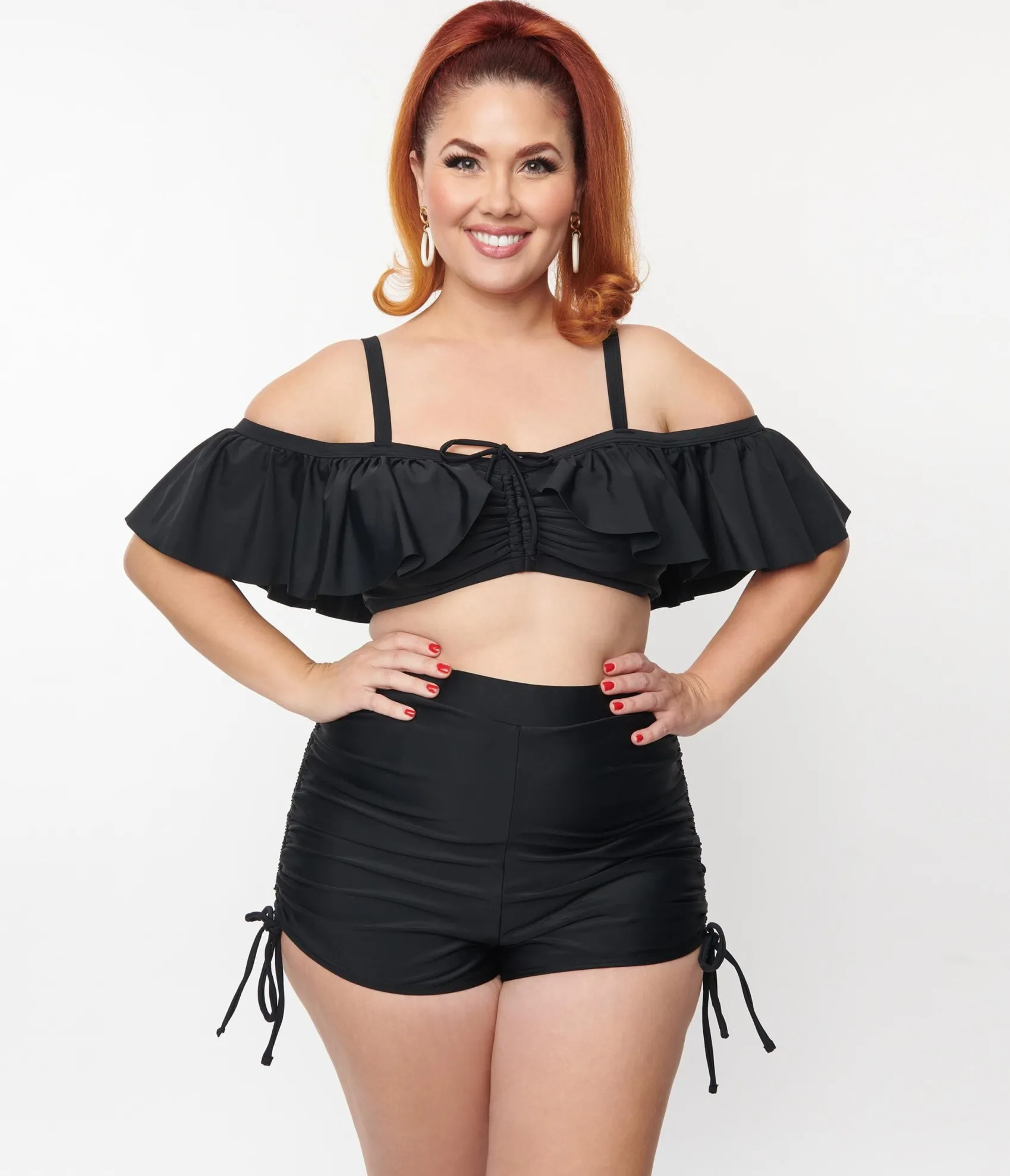 Unique Vintage Plus Size Black Ruffled Swim Top