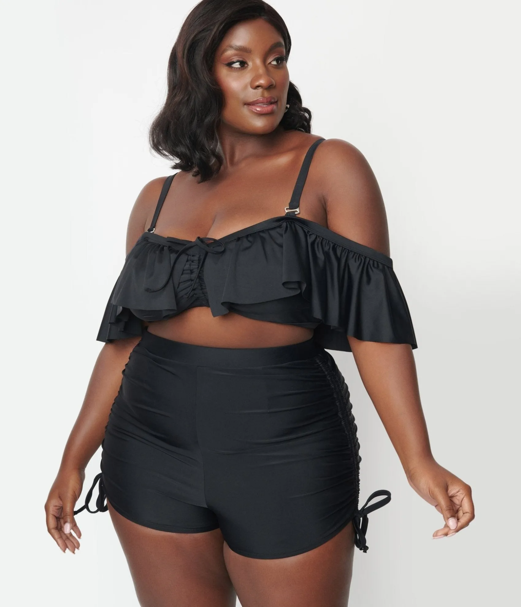 Unique Vintage Plus Size Black Pull Tie Swim Shorts