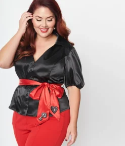Unique Vintage Plus Size Black & Red Lock & Key Sashed Blouse