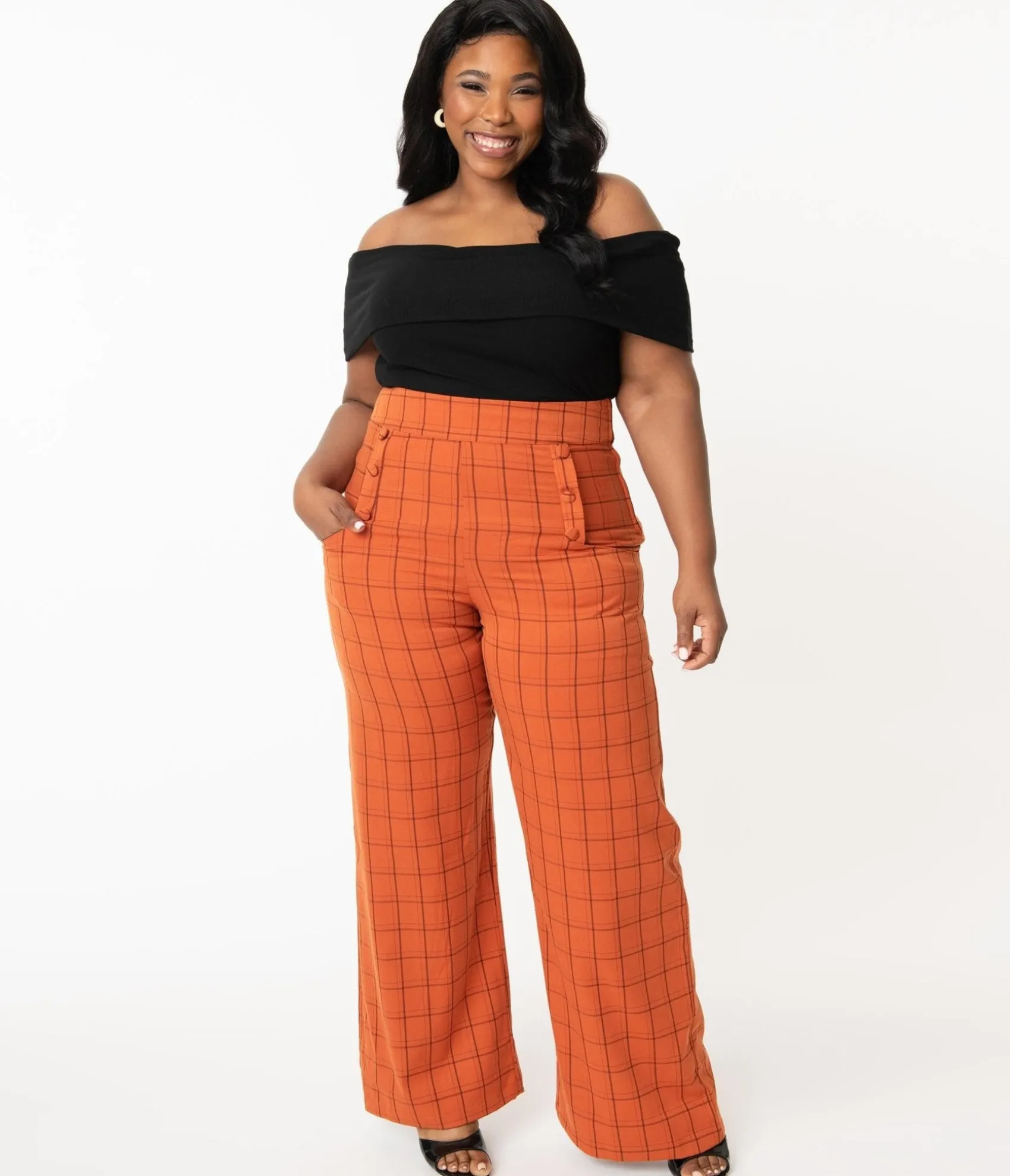 Unique Vintage Plus Size 1940s Orange Windowpane High Waist Ginger Pants