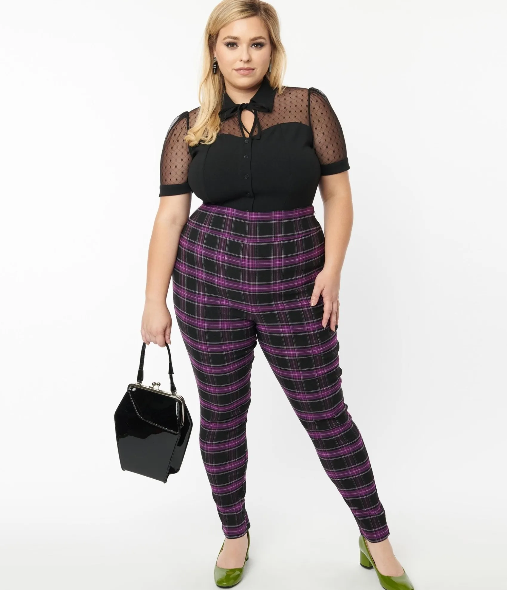 Unique Vintage Plus Size 1970s Purple & Black Plaid Rizzo Cigarette Pants