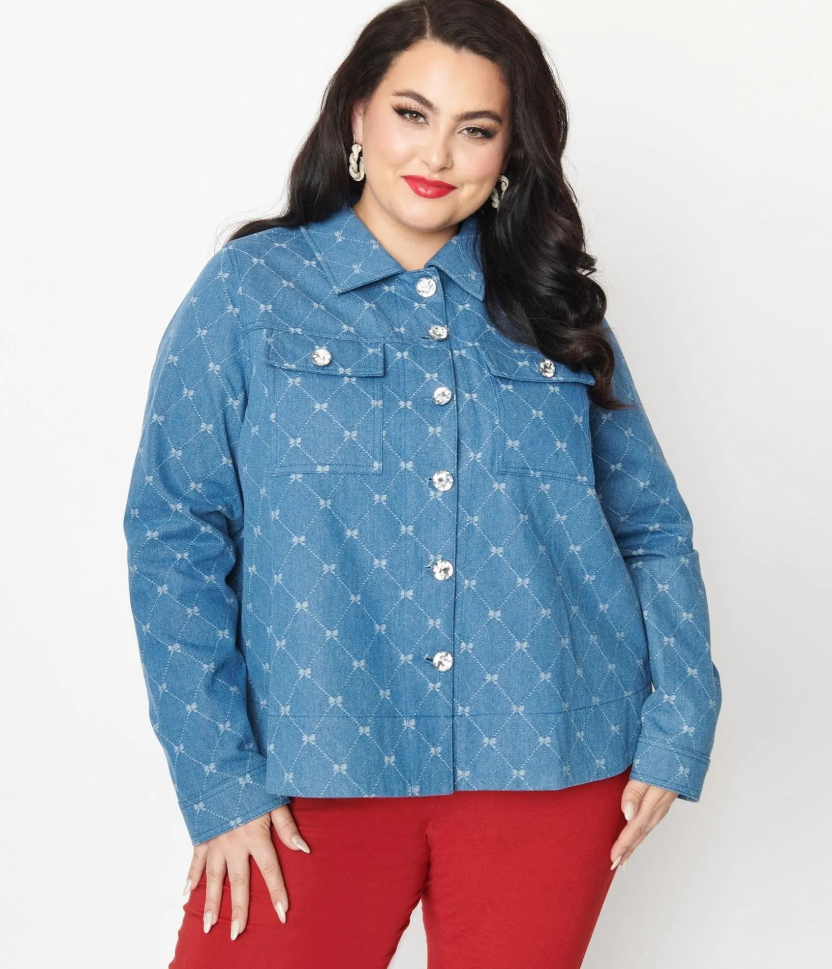 Unique Vintage Plus Size Blue Bow Denim Jacket