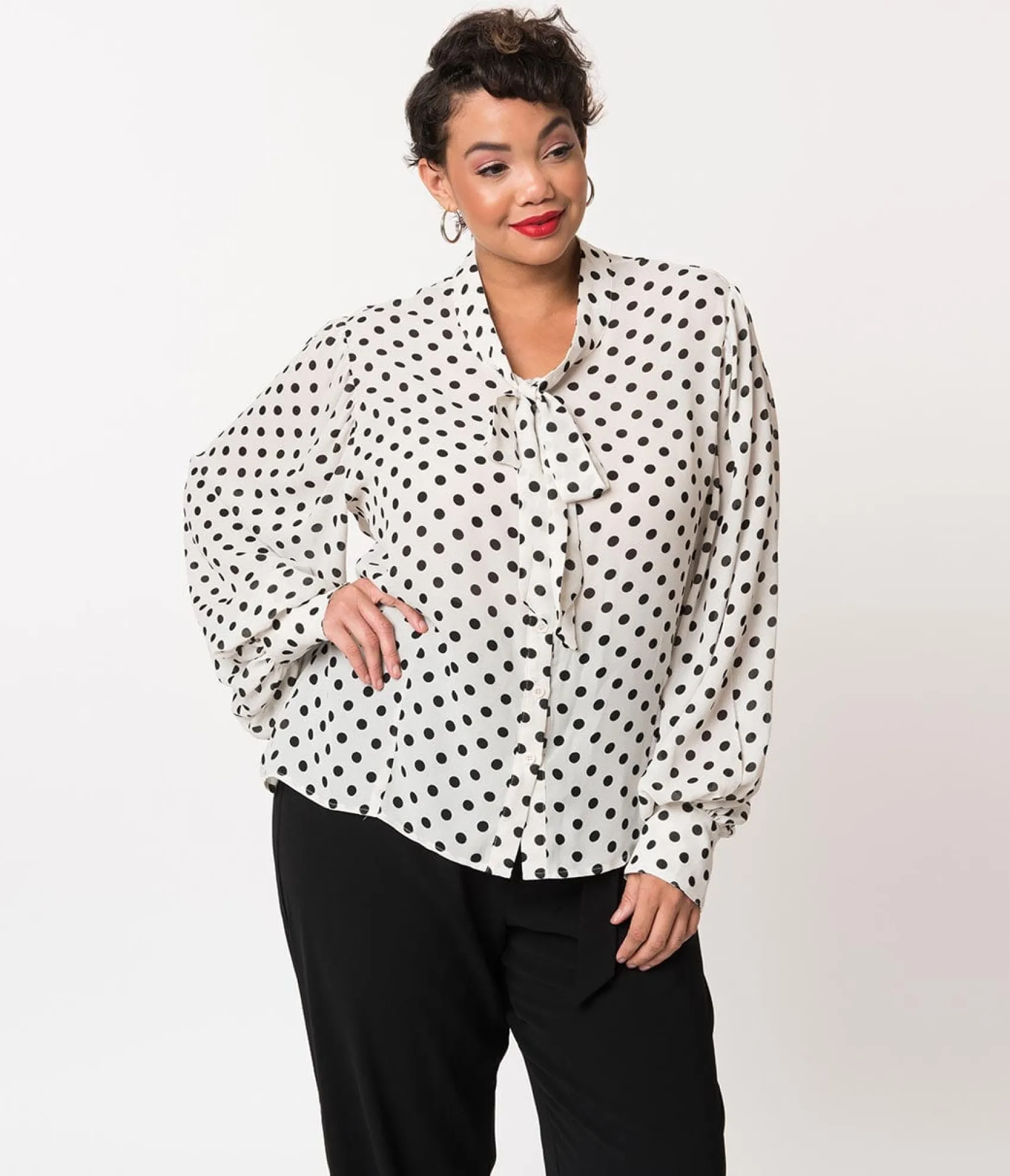 Unique Vintage Plus Size White & Black Polka Dot Neck Tie Gwen Blouse