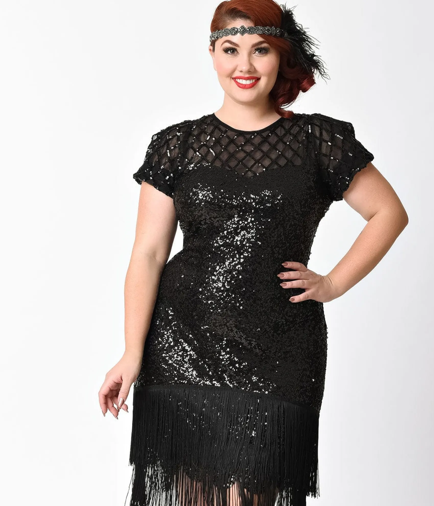 Unique Vintage Plus Size 1920s Black Sequin Fringe Del Mar Flapper Dress
