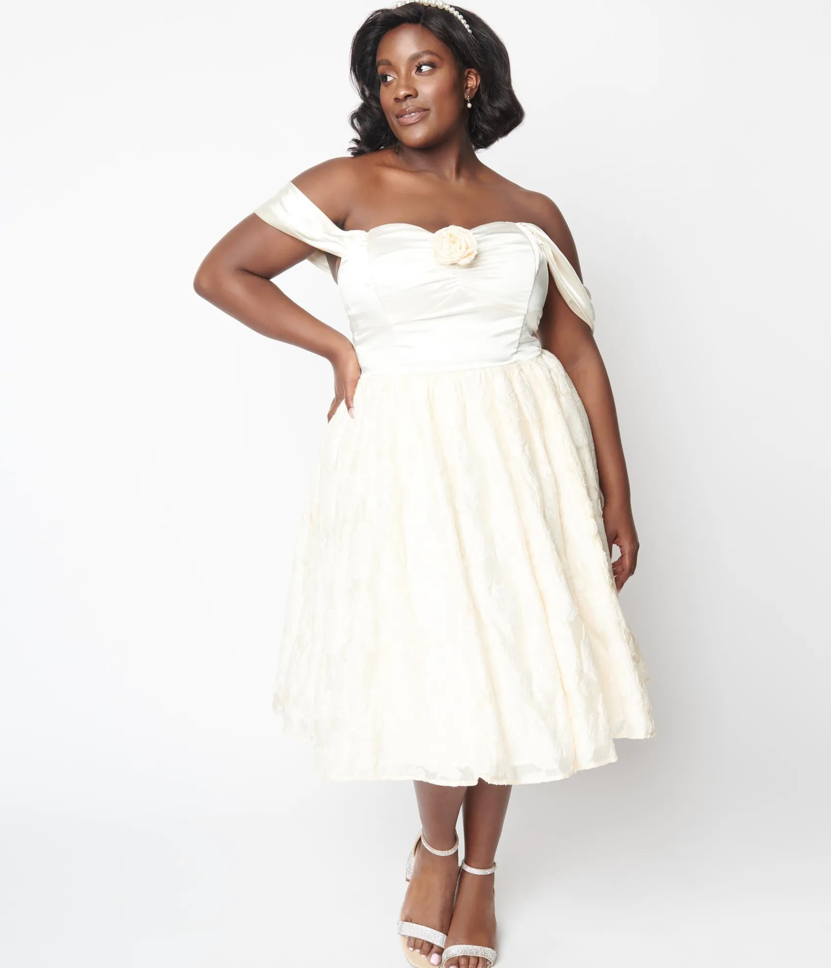 Unique Vintage Plus Size 1950s Ivory Floral Off Shoulder Flare Dress