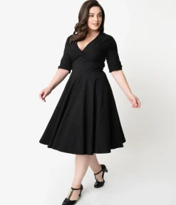 Unique Vintage Plus Size Black Delores Swing Dress with Sleeves