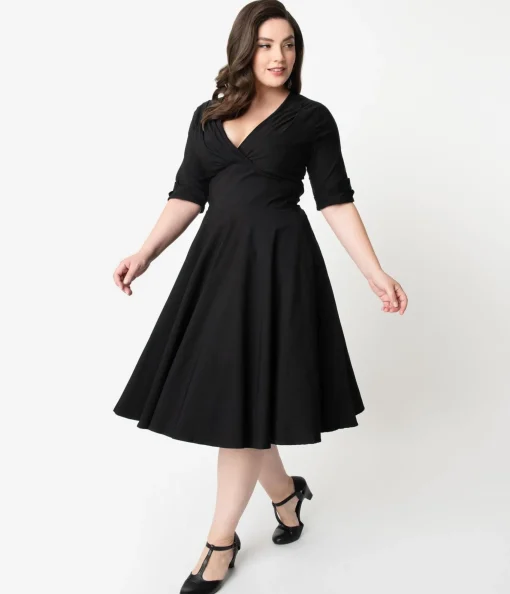 Unique Vintage Plus Size Black Delores Swing Dress with Sleeves