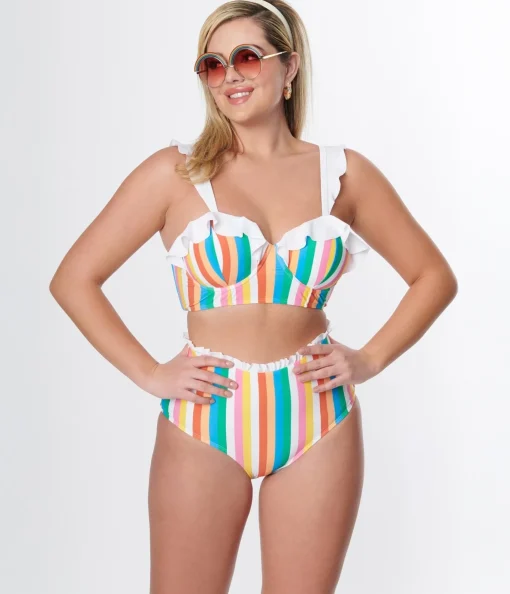 Unique Vintage Rainbow Striped Southampton Swim Top