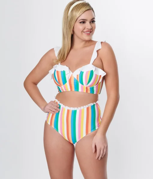 Unique Vintage Rainbow Striped Southampton Swim Top