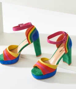 Unique Vintage Rainbow Suede Peep Toe Pumps