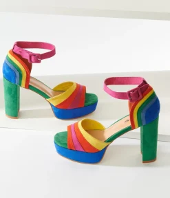 Unique Vintage Rainbow Suede Peep Toe Pumps