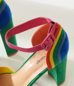 Unique Vintage Rainbow Suede Peep Toe Pumps