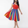 Unique Vintage Red & Rainbow Stripe Swing Dress